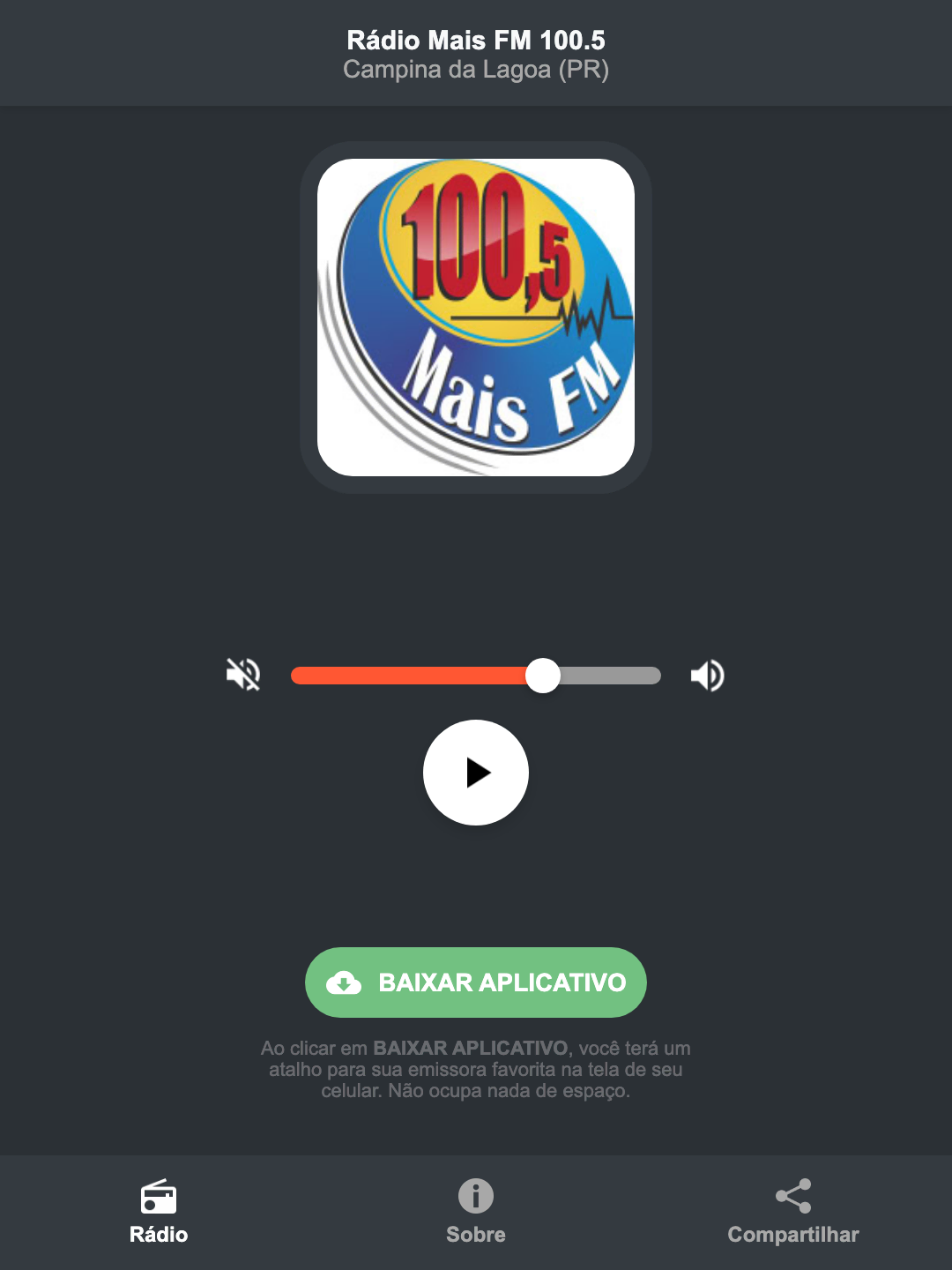 Screenshot do aplicativo da Rádio Mais FM 100.5