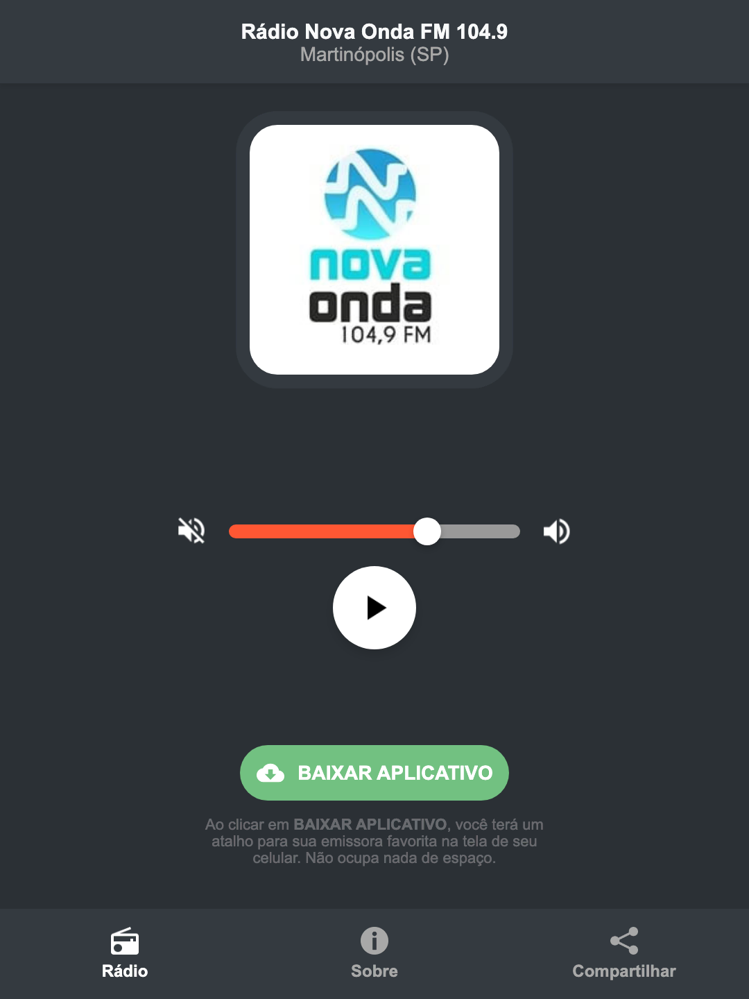 Screenshot do aplicativo da Rádio Nova Onda FM 104.9