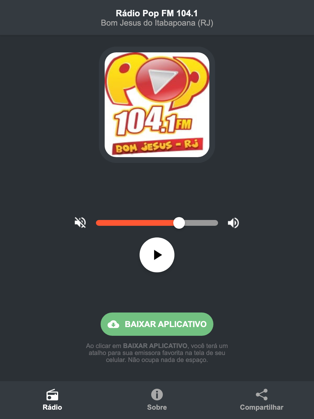 Screenshot do aplicativo da Rádio Pop FM 104.1
