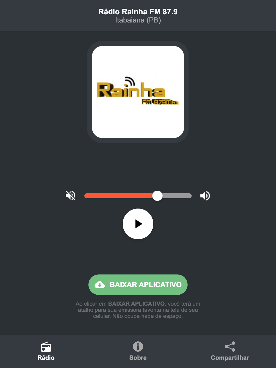 Screenshot do aplicativo da Rádio Rainha FM 87.9