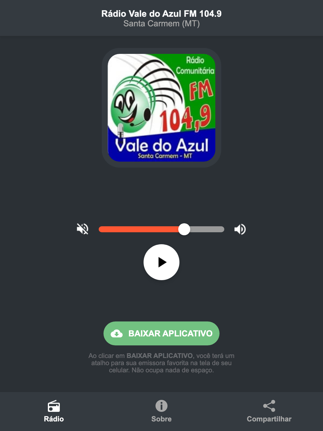 Screenshot do aplicativo da Rádio Vale do Azul FM 104.9