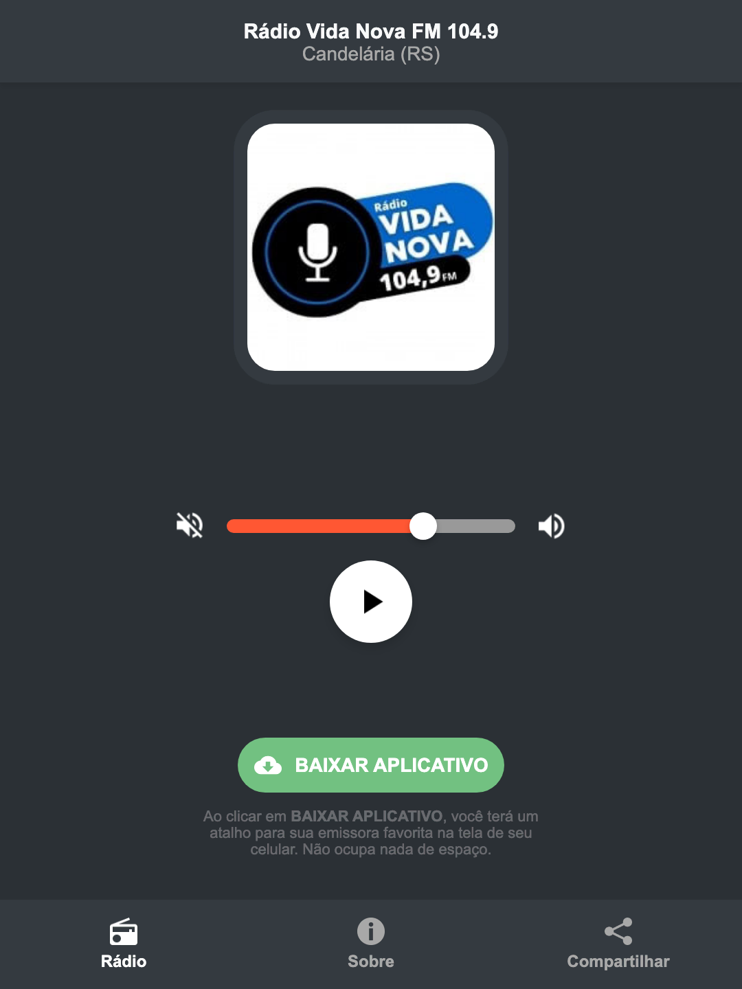 Screenshot do aplicativo da Rádio Vida Nova FM 104.9