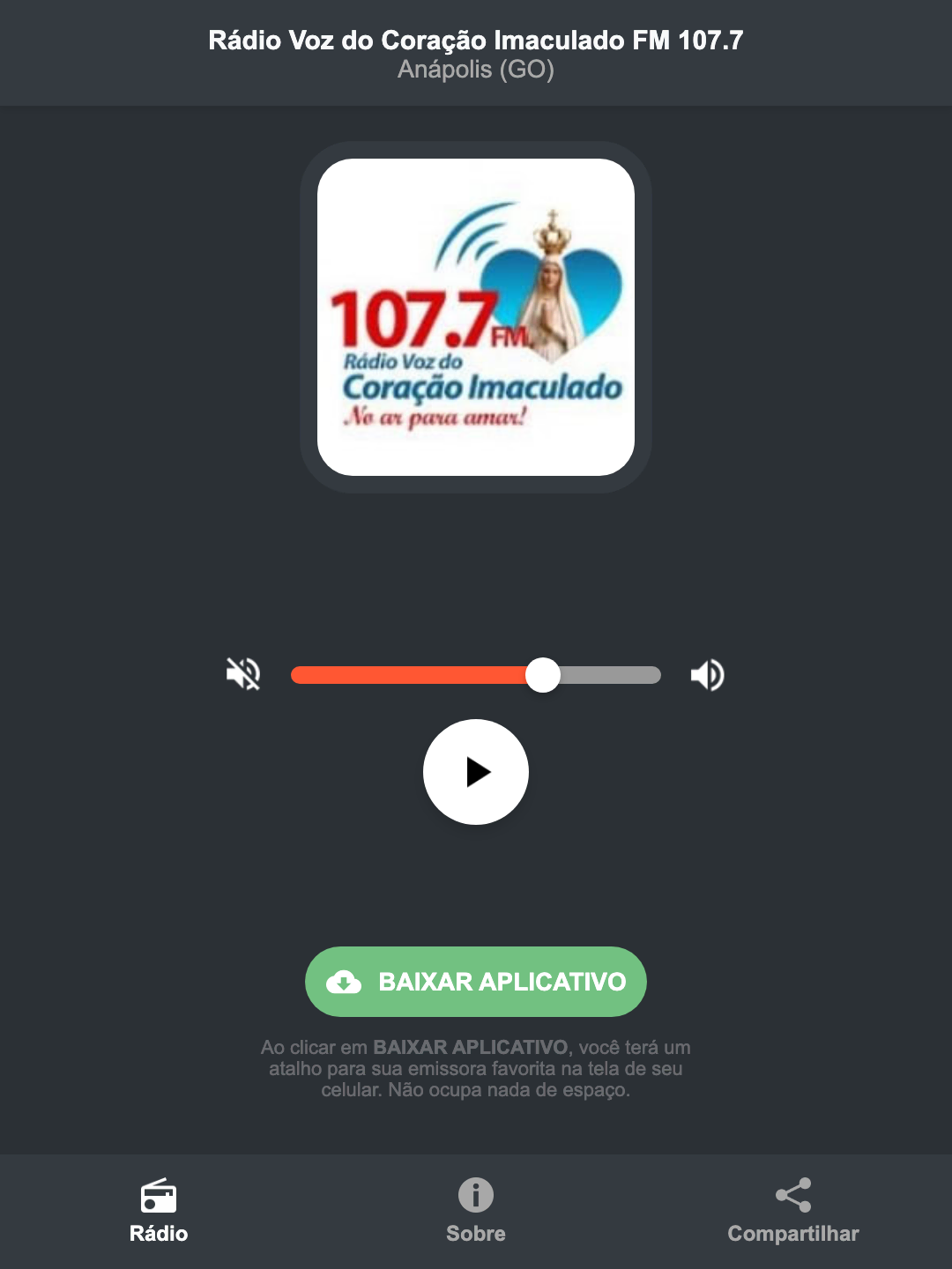 Screenshot do aplicativo da Rádio Voz do Coração Imaculado FM 107.7