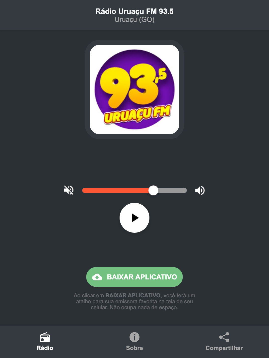 Screenshot do aplicativo da Rádio Uruaçu FM 93.5