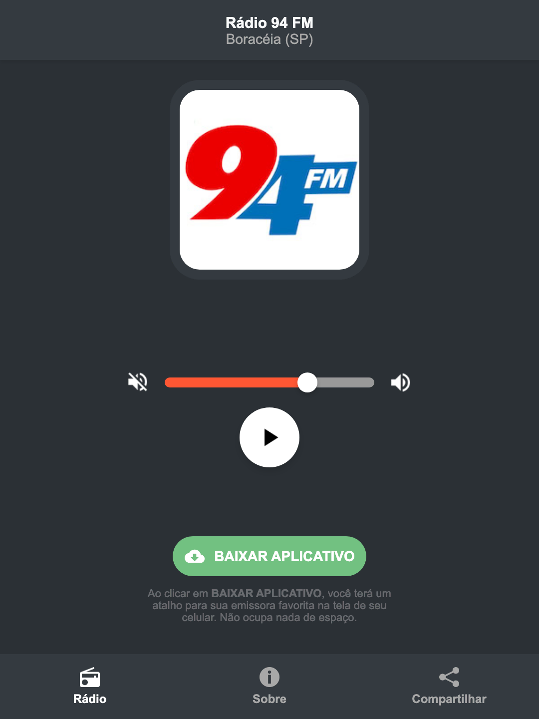 Screenshot do aplicativo da Rádio 94 FM