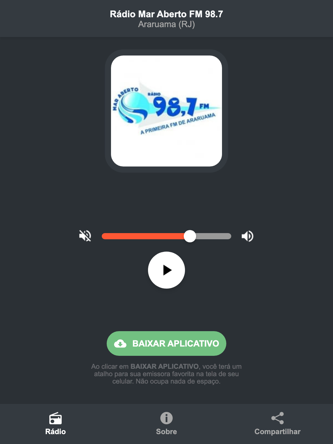 Screenshot do aplicativo da Rádio Mar Aberto FM 98.7