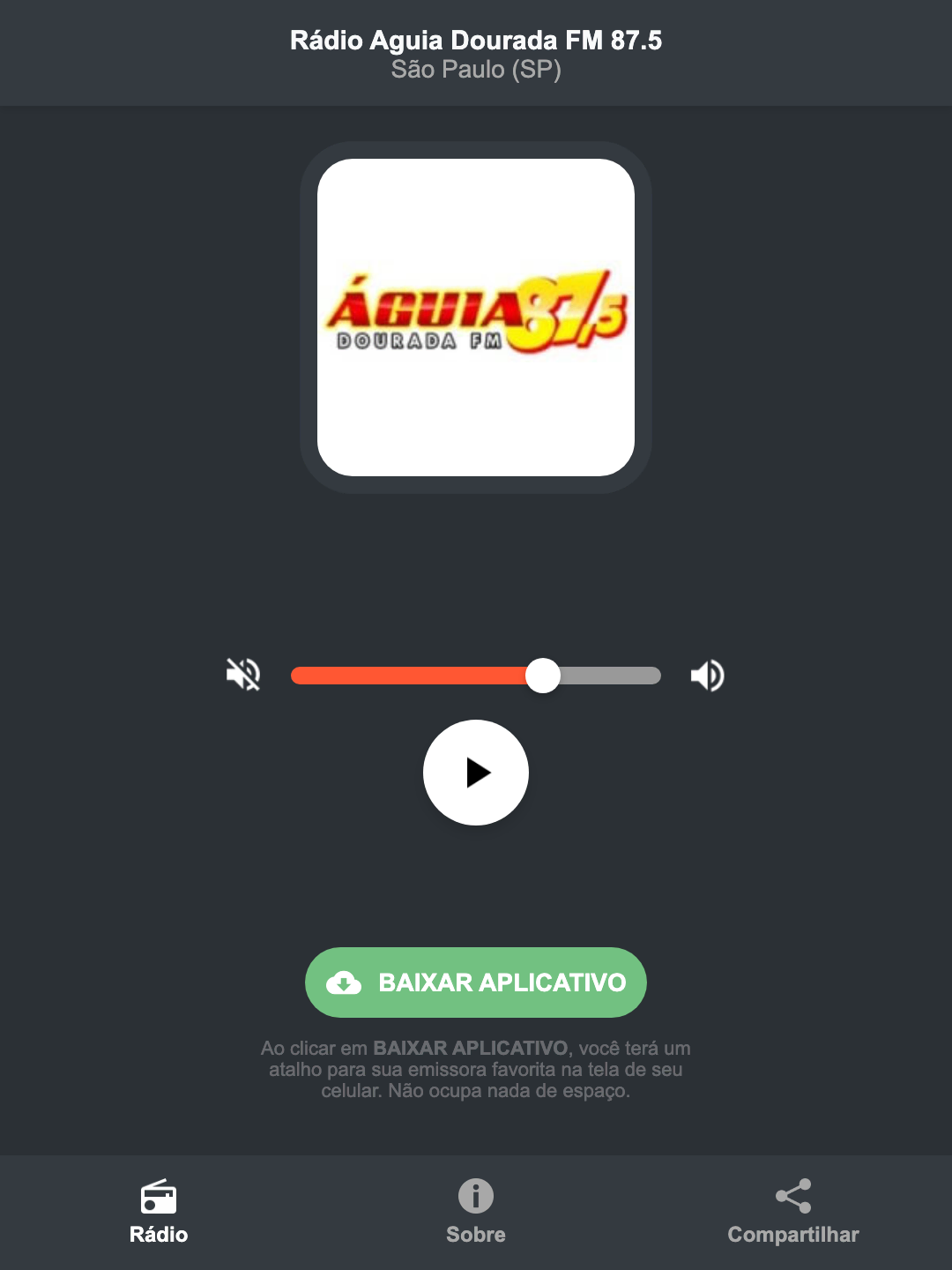 Screenshot do aplicativo da Rádio Aguia Dourada FM 87.5