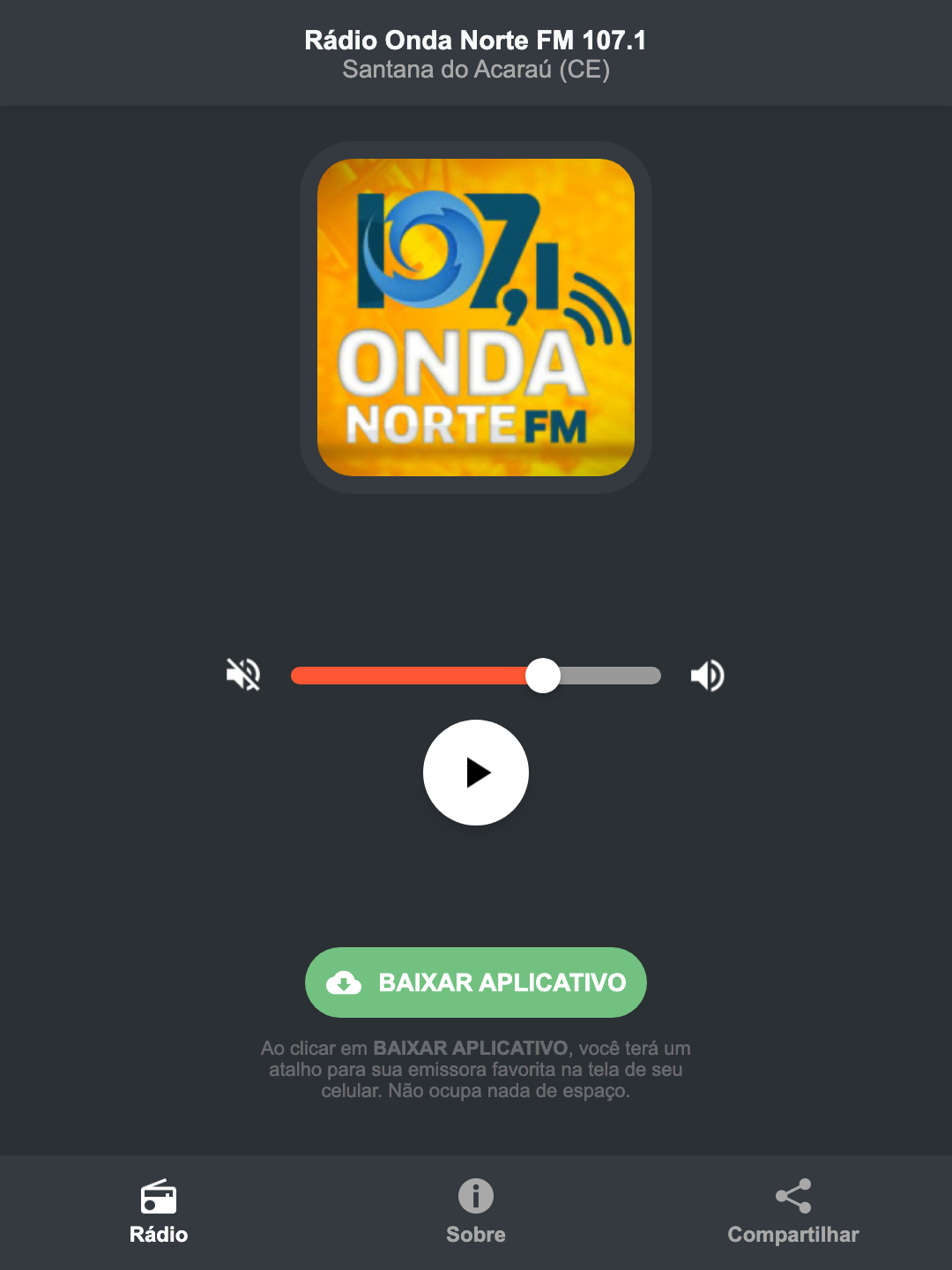 Screenshot do aplicativo da Rádio Onda Norte FM 107.1