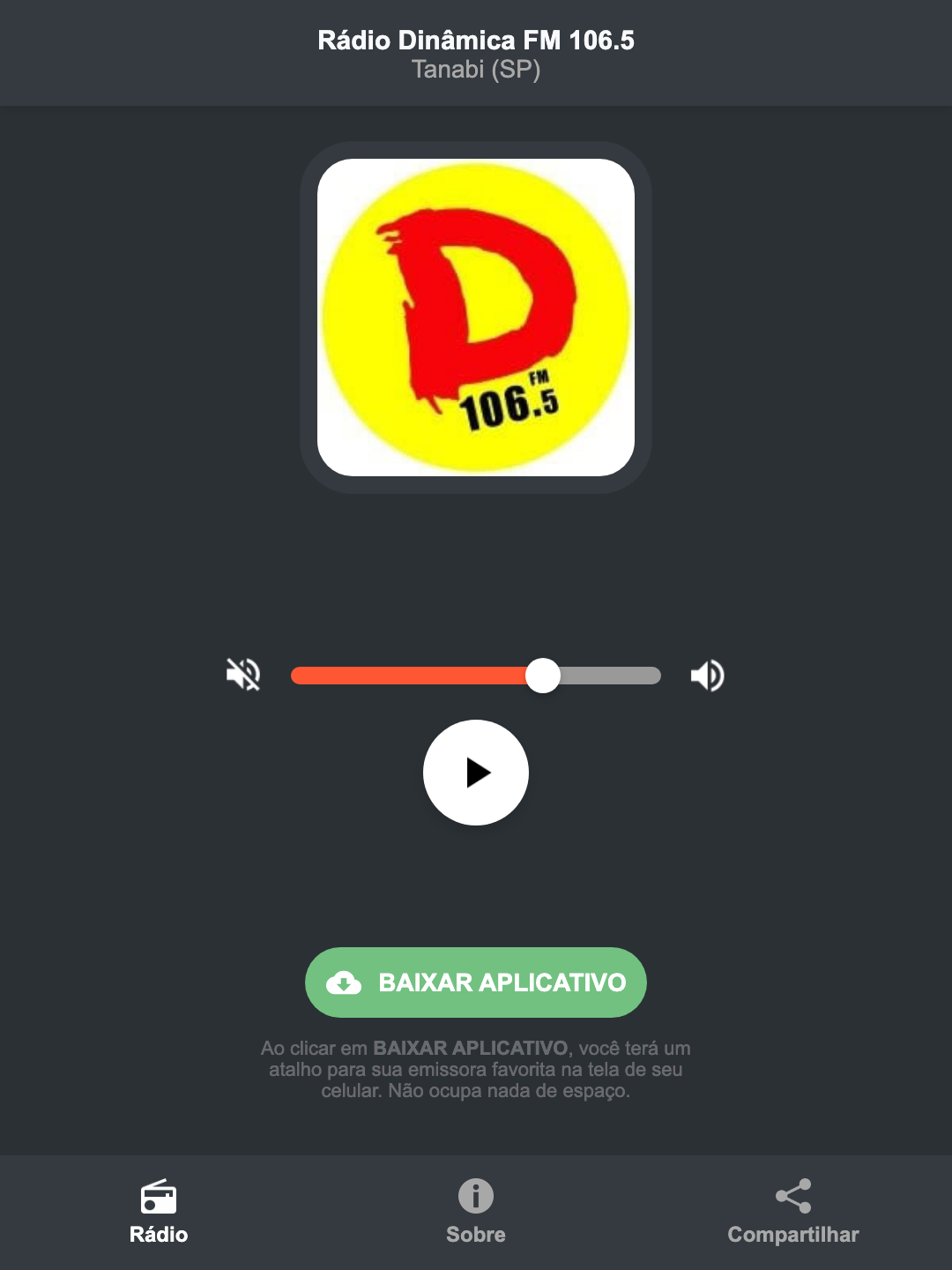 Screenshot do aplicativo da Rádio Dinâmica FM 106.5
