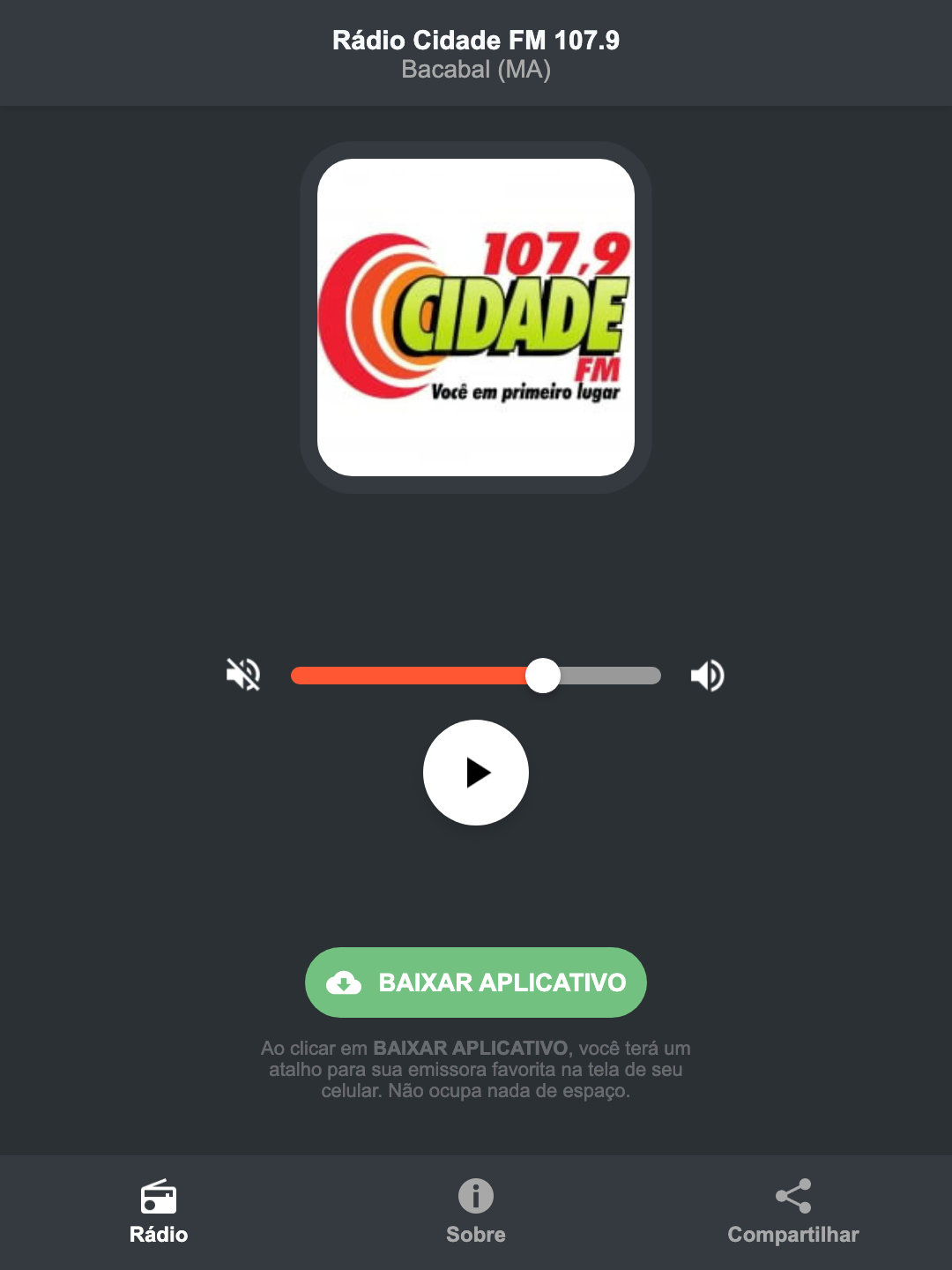 Screenshot do aplicativo da Rádio Cidade FM 107.9