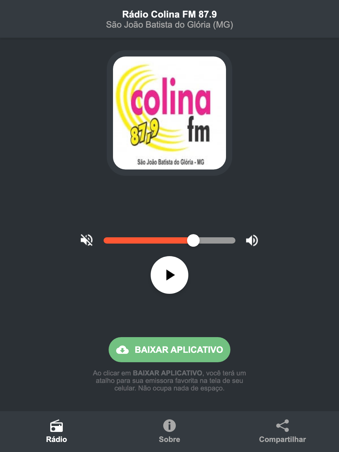 Screenshot do aplicativo da Rádio Colina FM 87.9
