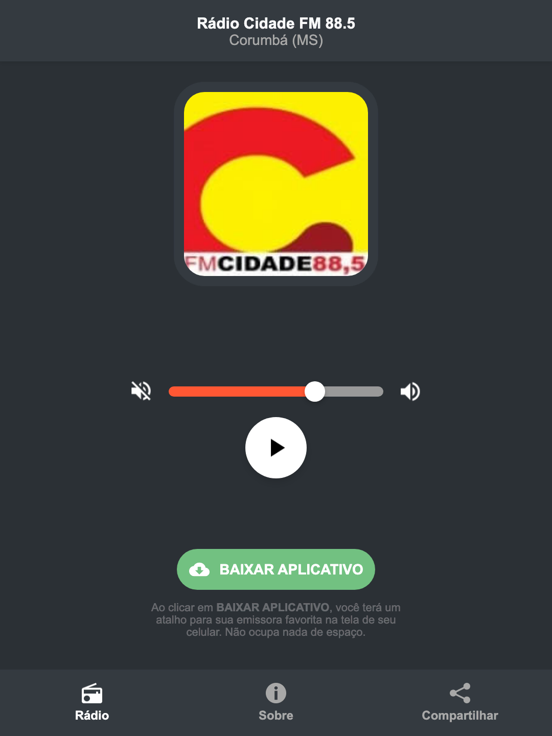 Screenshot do aplicativo da Rádio Cidade FM 88.5