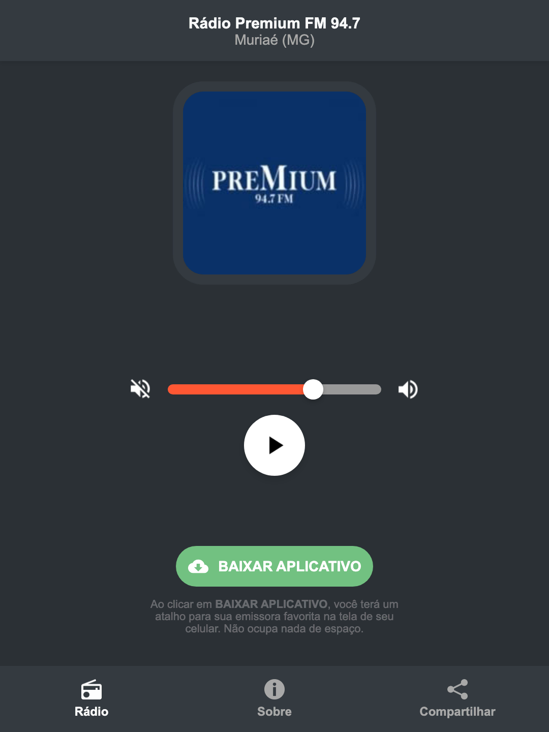 Screenshot do aplicativo da Rádio Premium FM 94.7