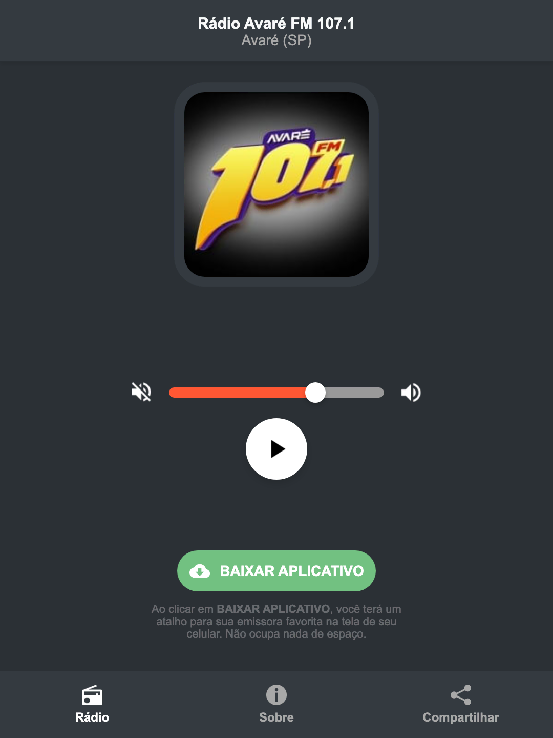 Screenshot do aplicativo da Rádio Avaré FM 107.1