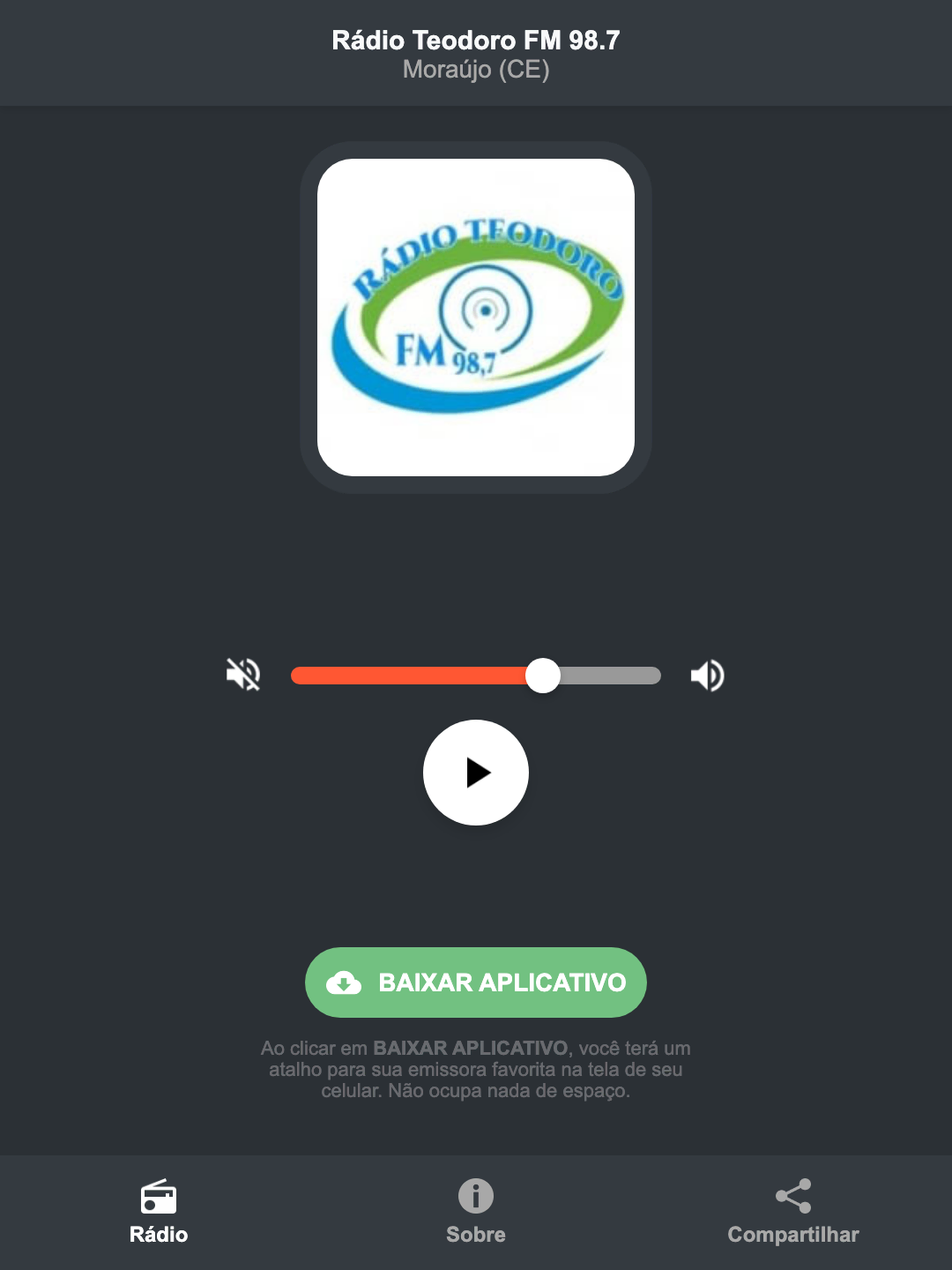 Screenshot do aplicativo da Rádio Teodoro FM 98.7