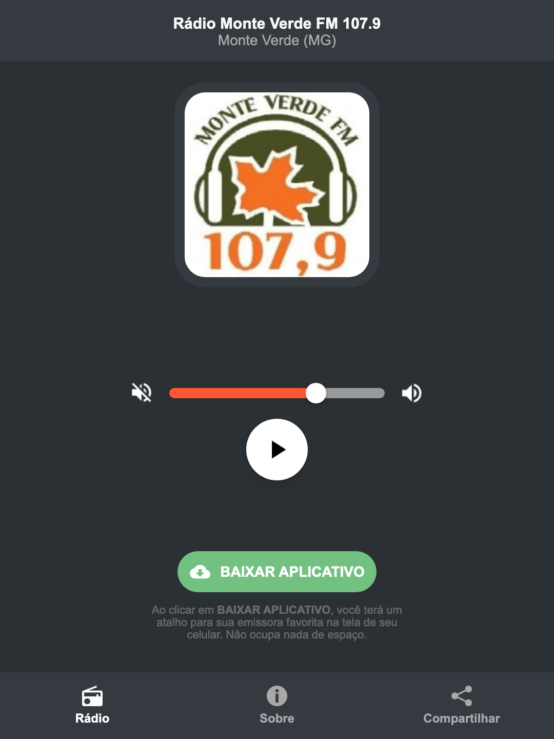 Screenshot do aplicativo da Rádio Monte Verde FM 107.9