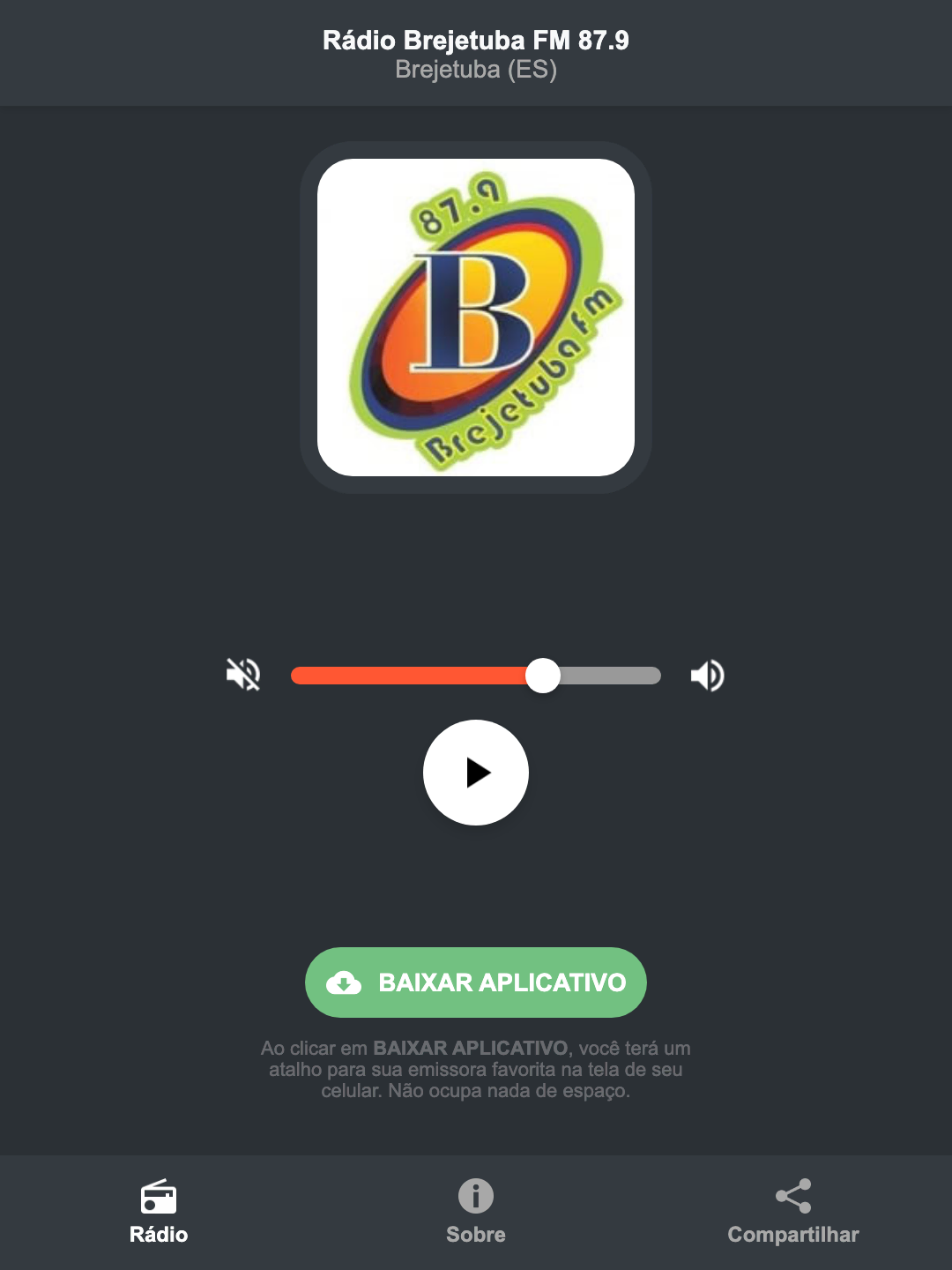 Screenshot do aplicativo da Rádio Brejetuba FM 87.9