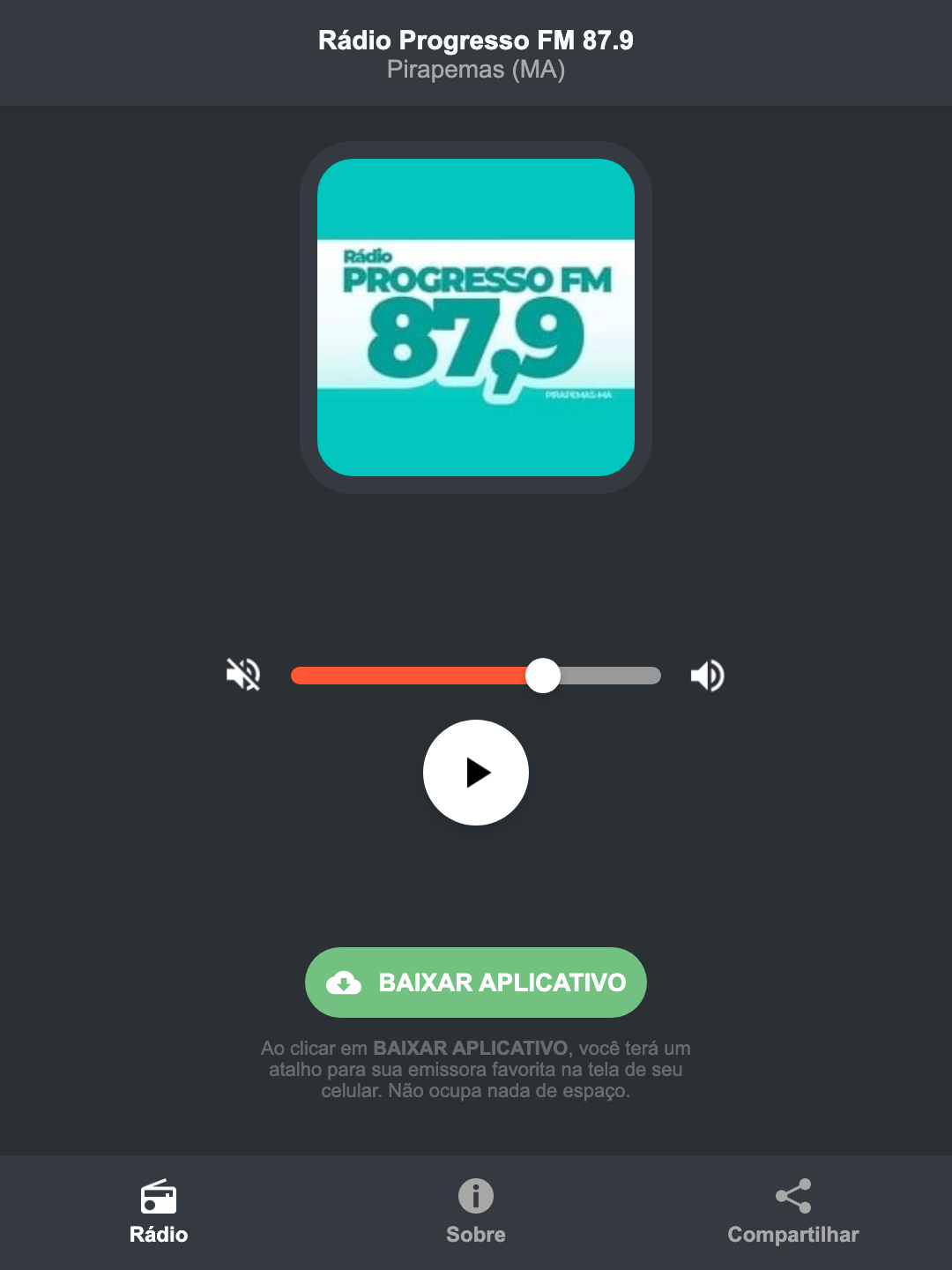 Screenshot do aplicativo da Rádio Progresso FM 87.9
