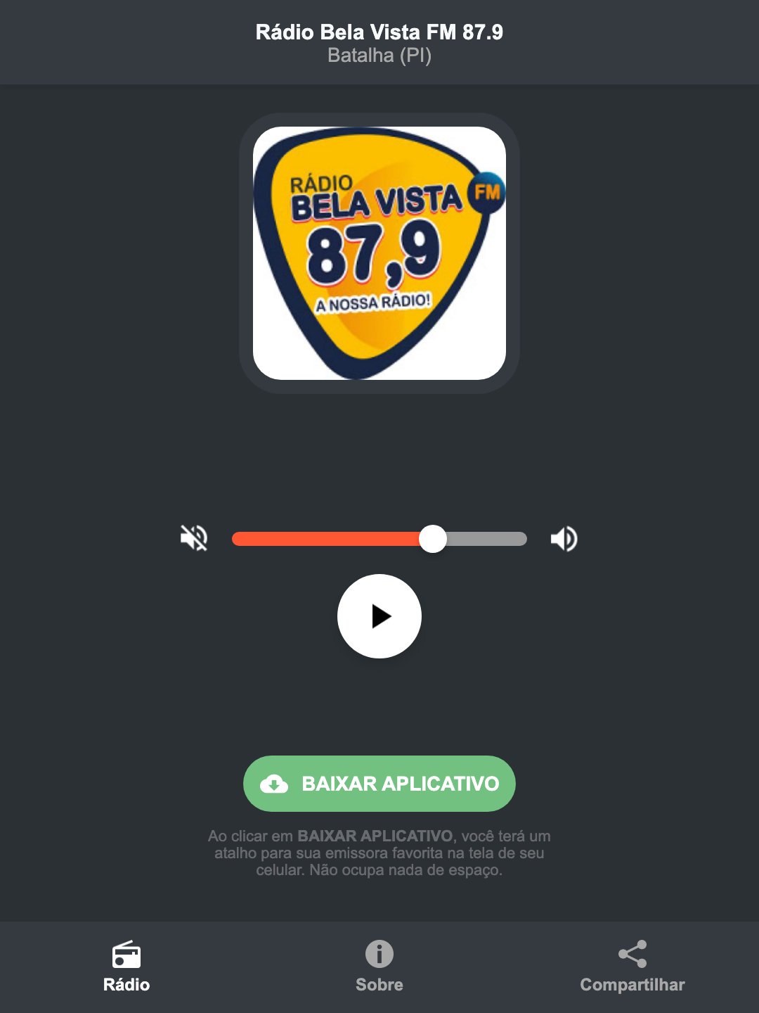 Screenshot do aplicativo da Rádio Bela Vista FM 87.9