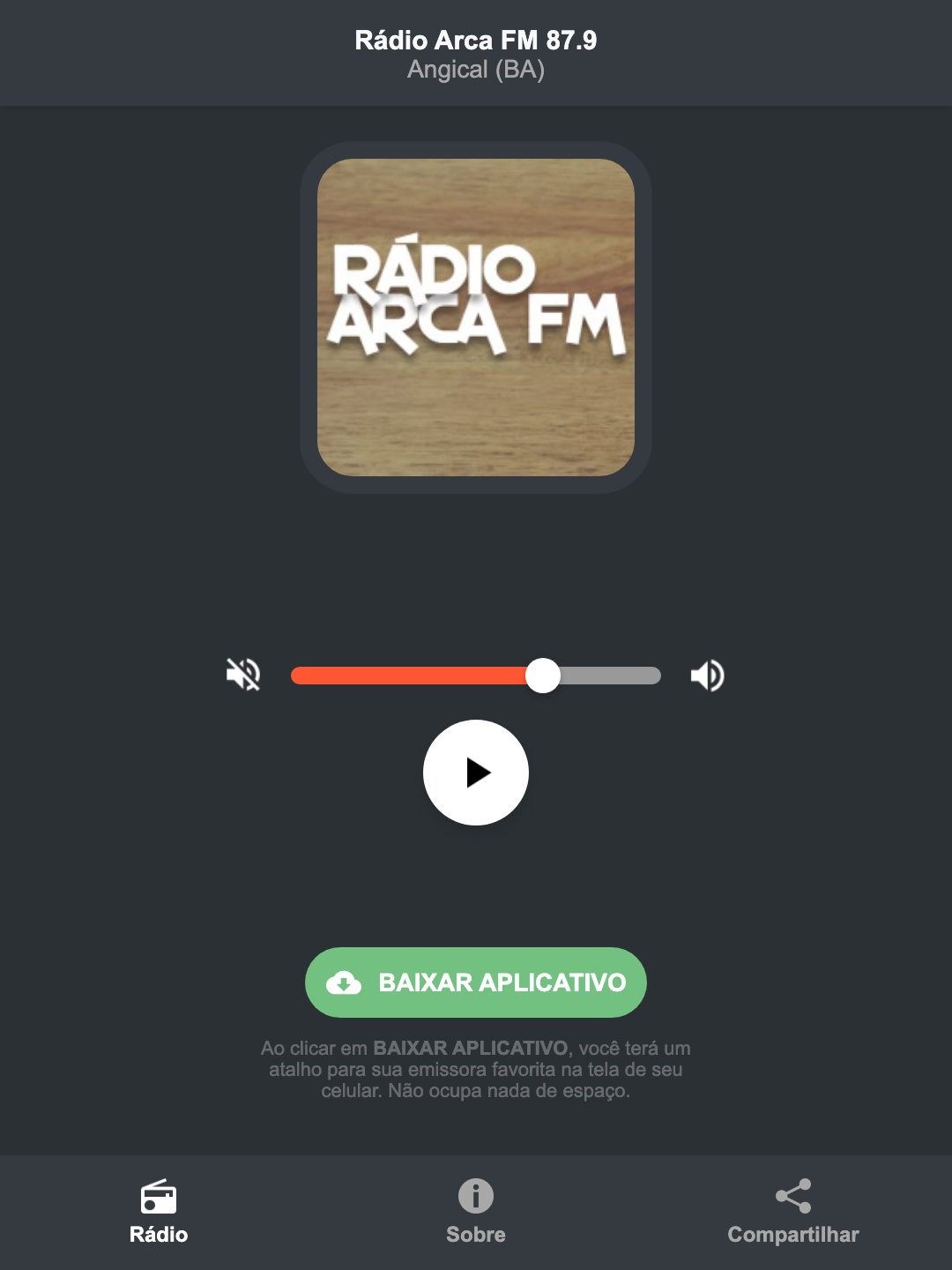 Screenshot do aplicativo da Rádio Arca FM 87.9