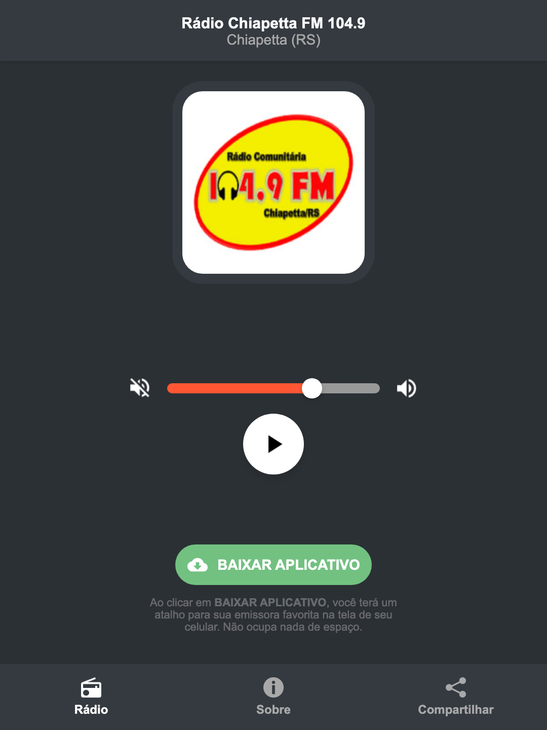Screenshot do aplicativo da Rádio Chiapetta FM 104.9