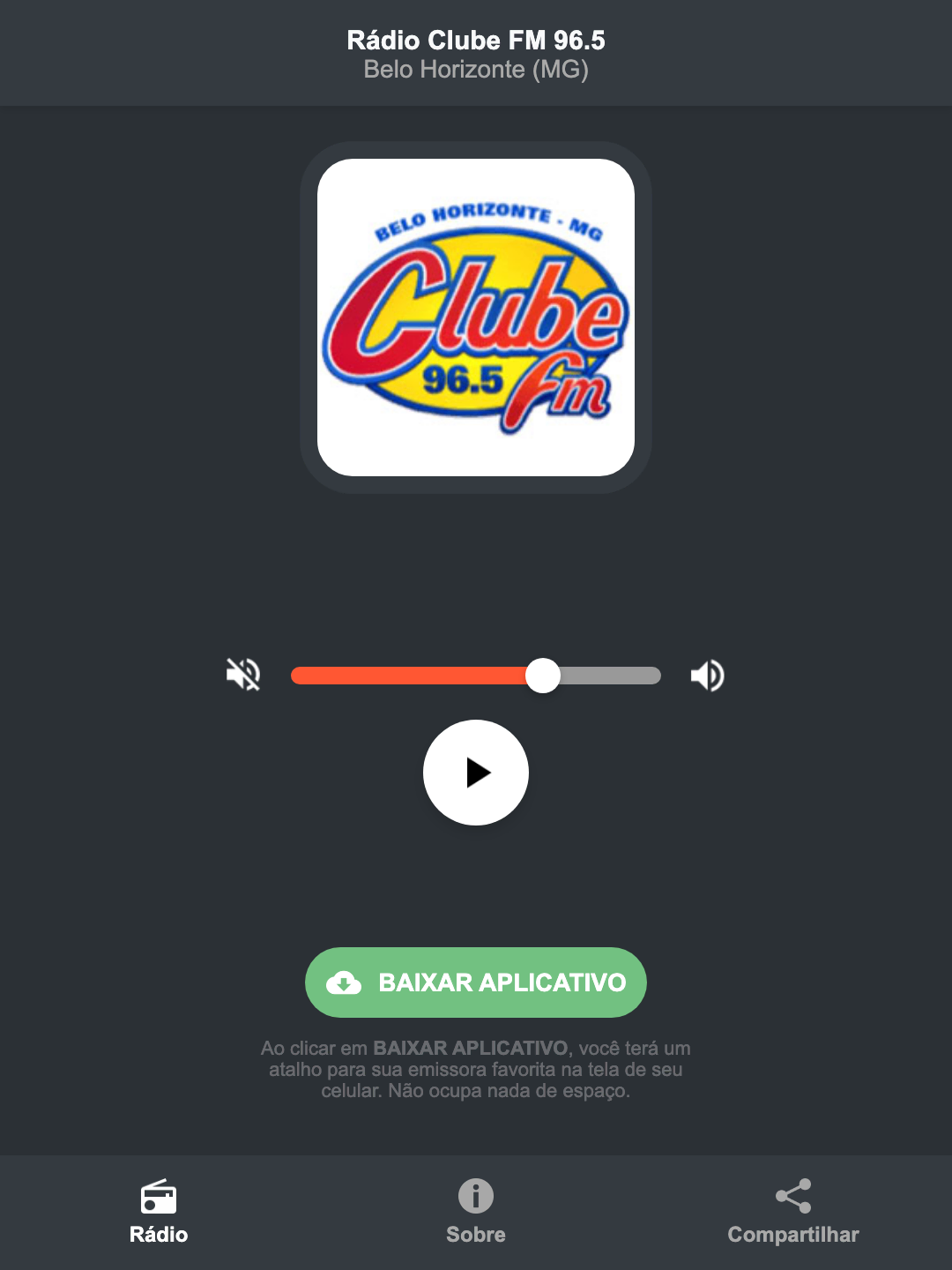 Screenshot do aplicativo da Rádio Clube FM 96.5