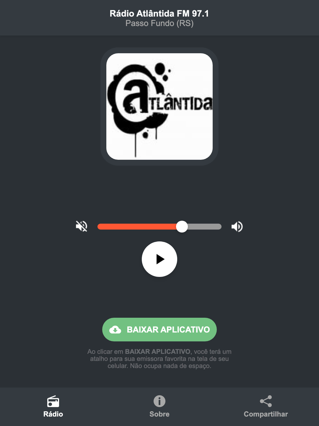 Screenshot do aplicativo da Rádio Atlântida FM 97.1