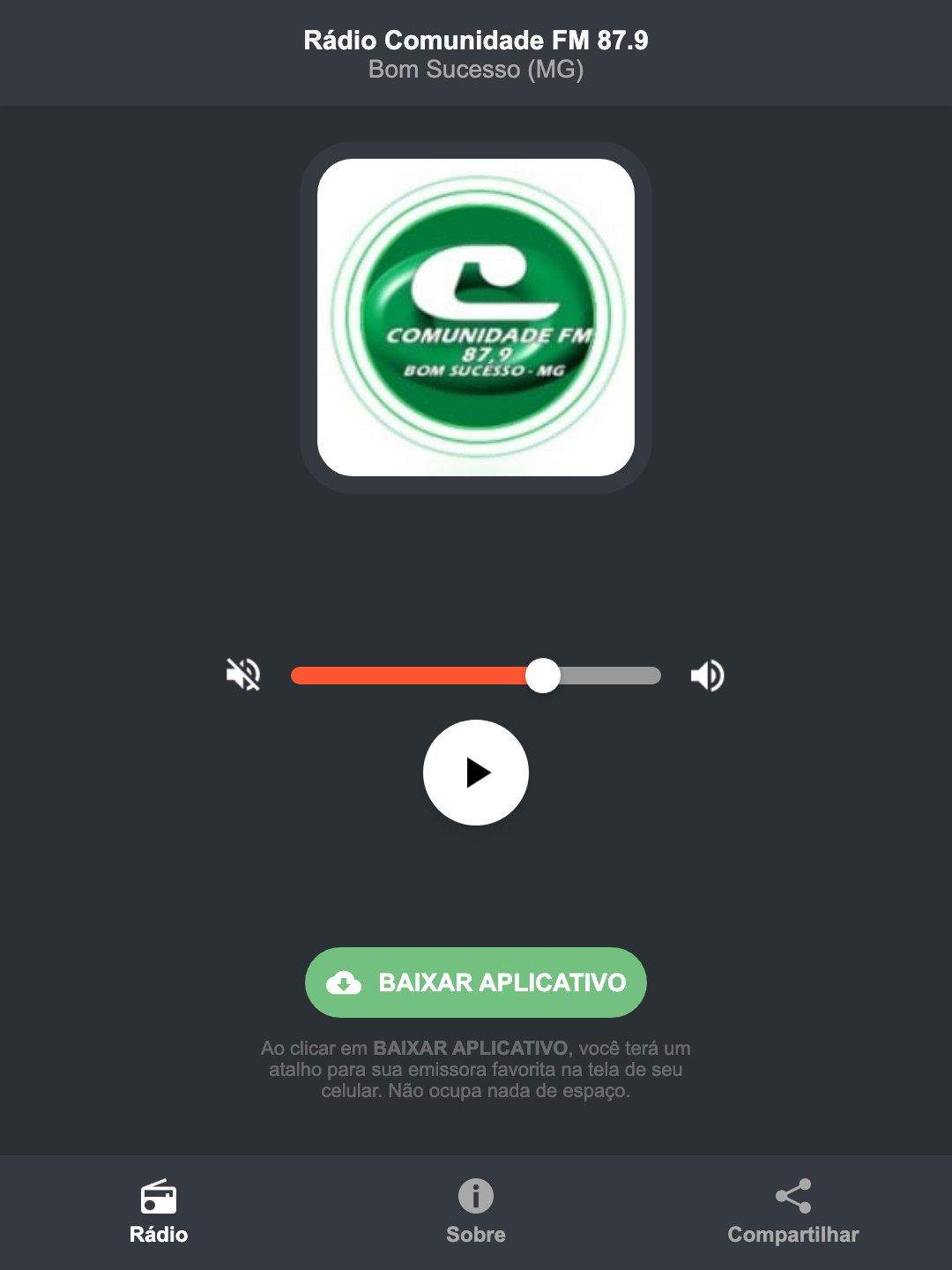 Screenshot do aplicativo da Rádio Comunidade FM 87.9