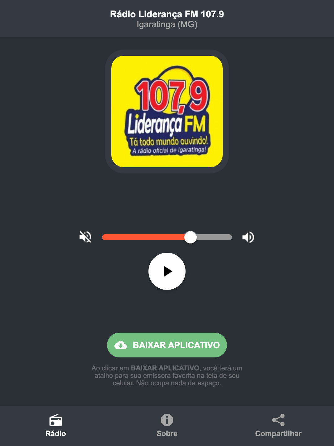 Screenshot do aplicativo da Rádio Liderança FM 107.9