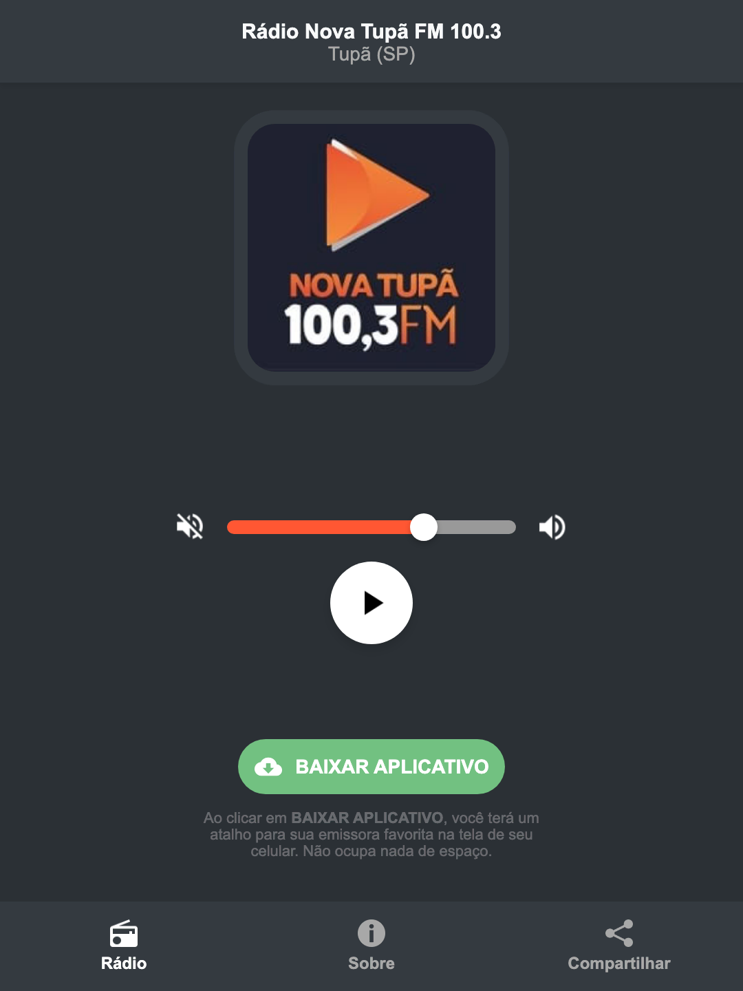 Screenshot do aplicativo da Rádio Nova Tupã FM 100.3