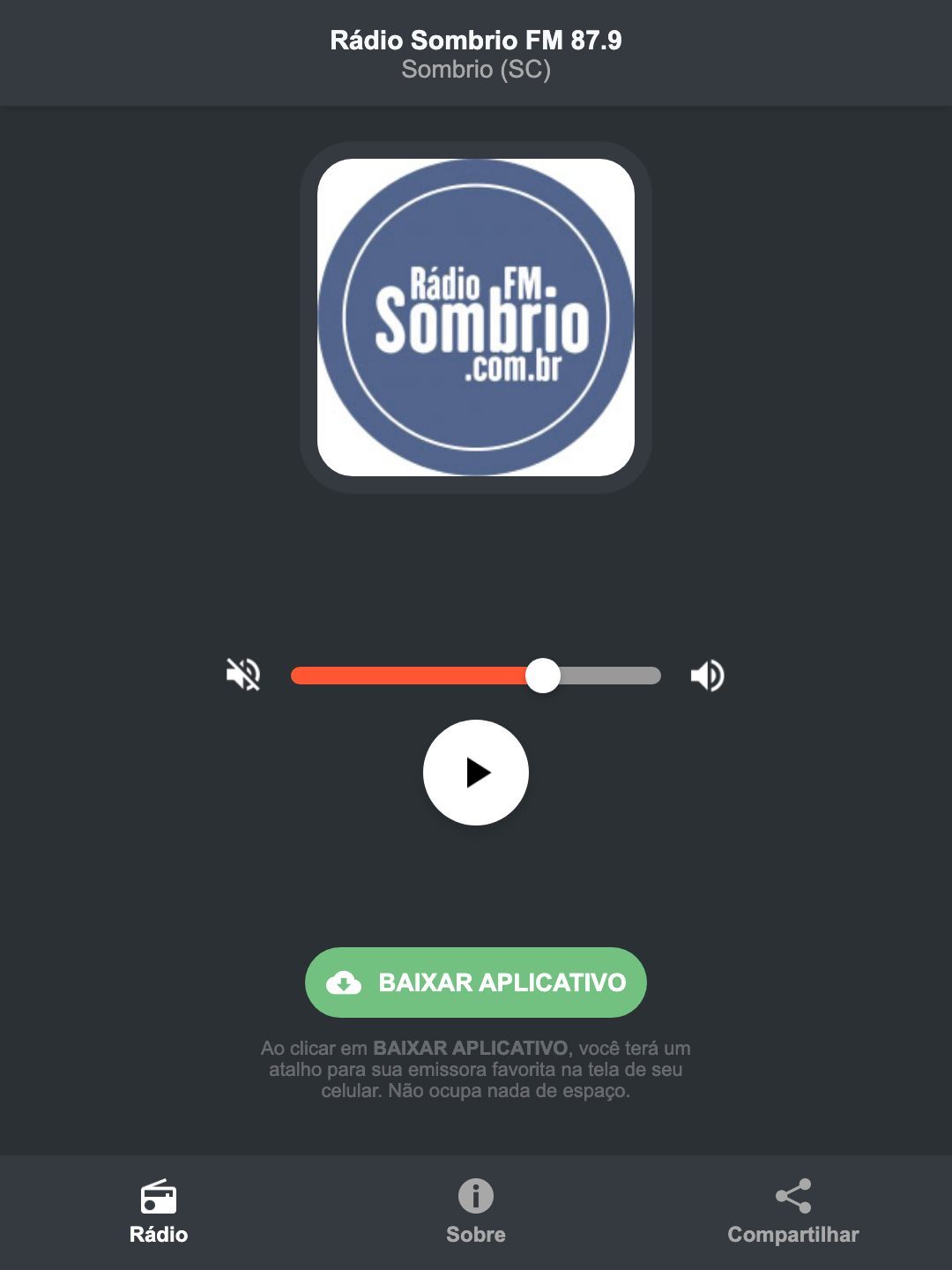 Screenshot do aplicativo da Rádio Sombrio FM 87.9