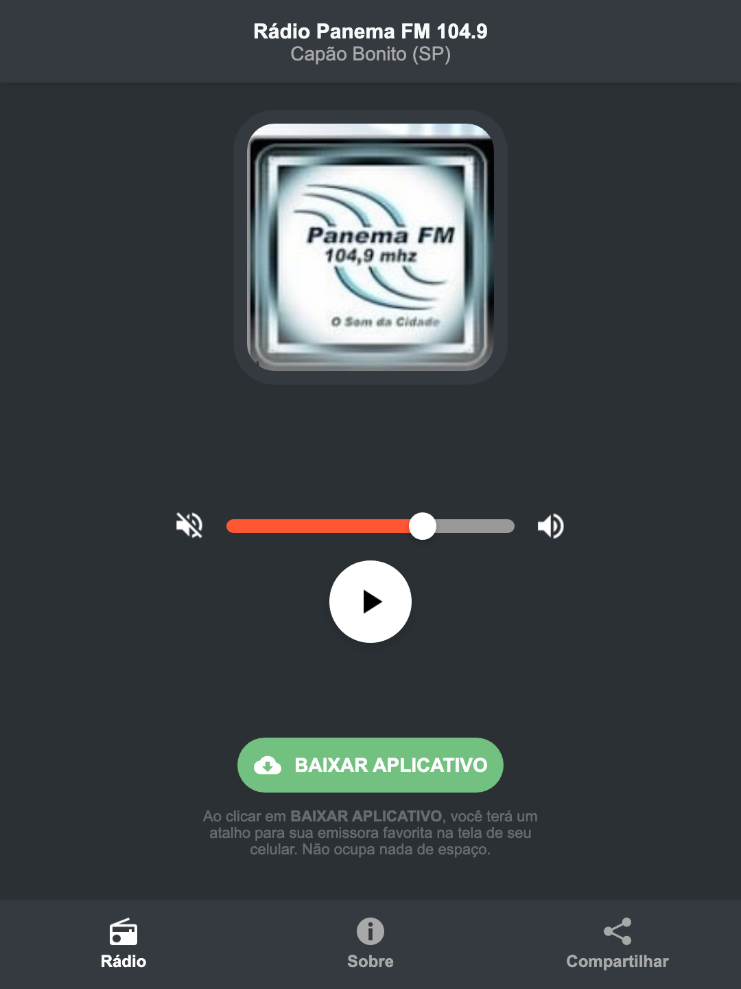 Screenshot do aplicativo da Rádio Panema FM 104.9