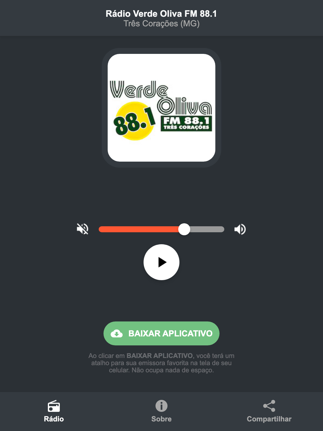 Screenshot do aplicativo da Rádio Verde Oliva FM 88.1