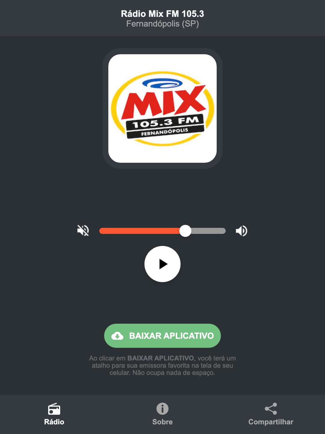 Screenshot do aplicativo da Rádio Mix FM 105.3