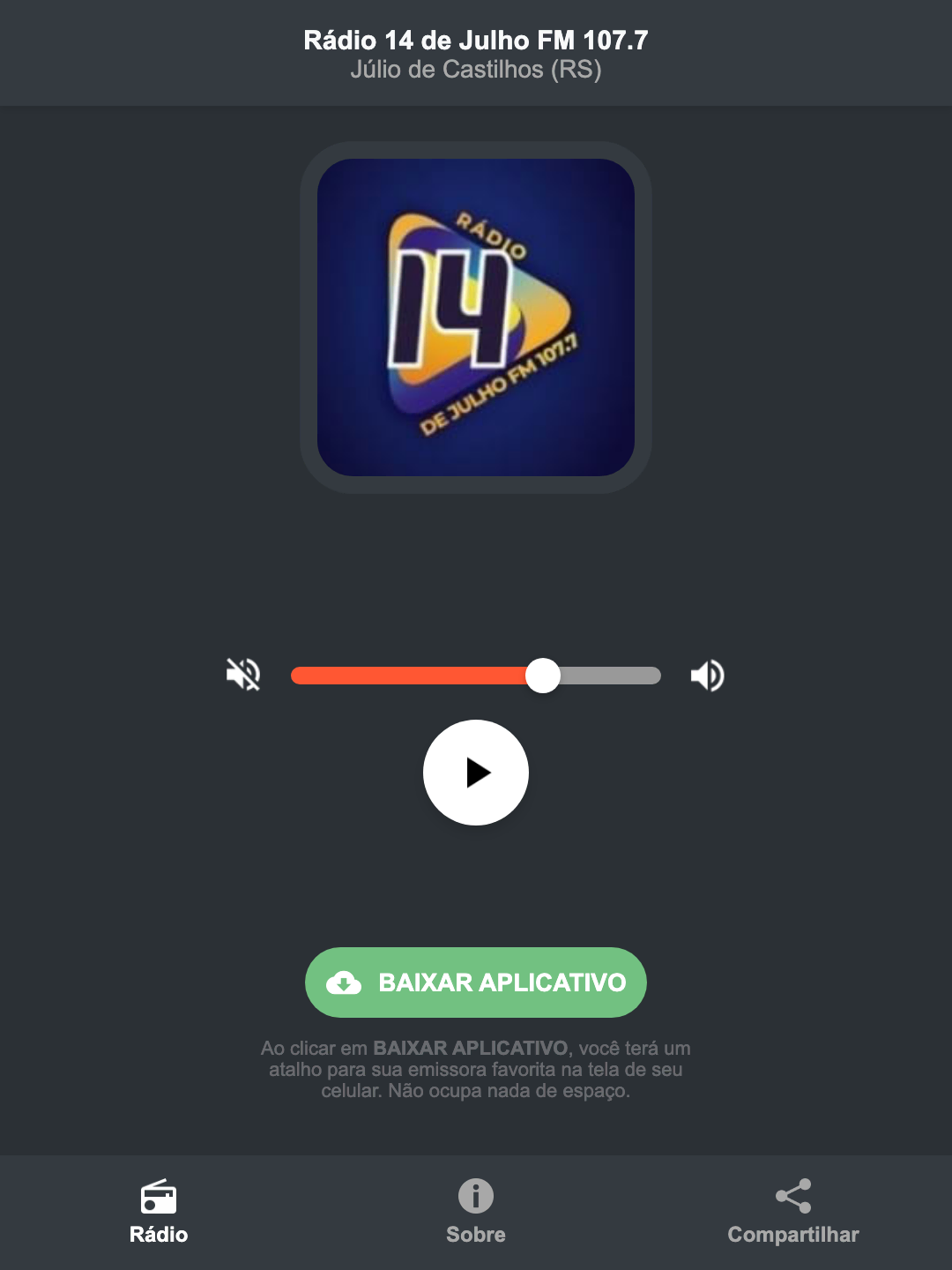 Screenshot do aplicativo da Rádio 14 de Julho FM 107.7