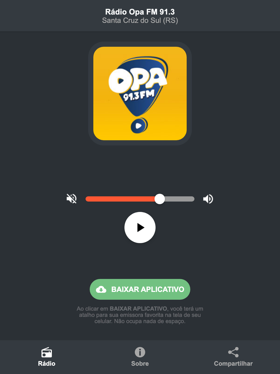 Screenshot do aplicativo da Rádio Opa FM 91.3