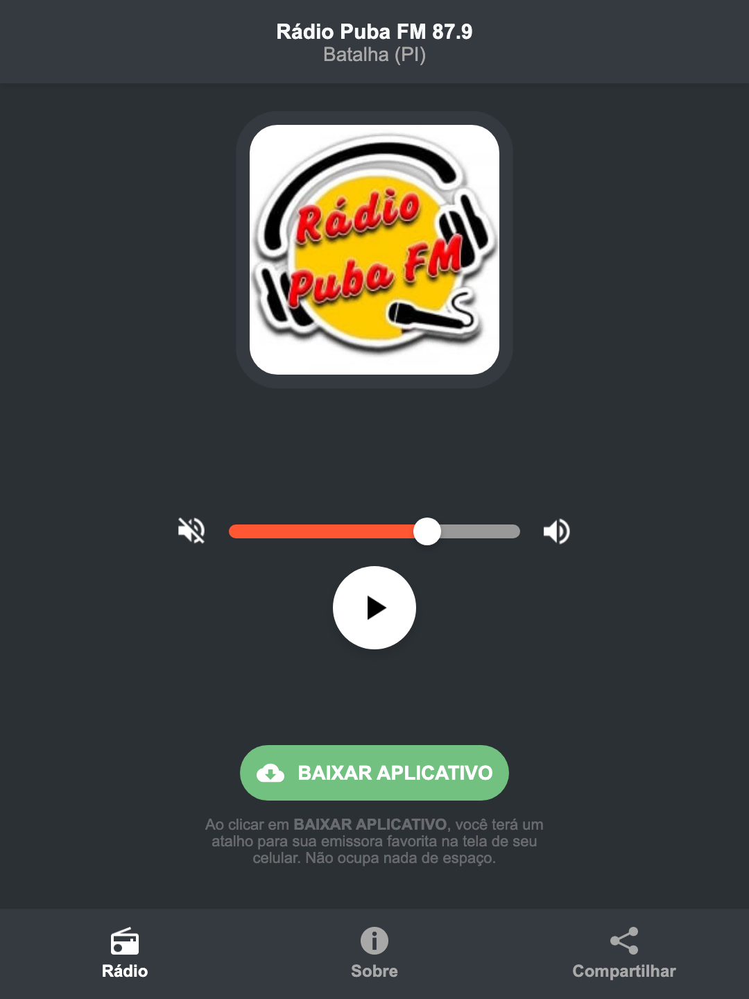 Screenshot do aplicativo da Rádio Puba FM 87.9
