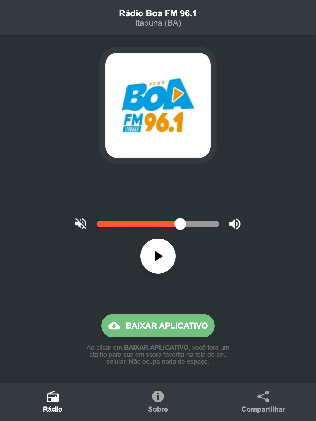 Screenshot do aplicativo da Rádio Boa FM 96.1