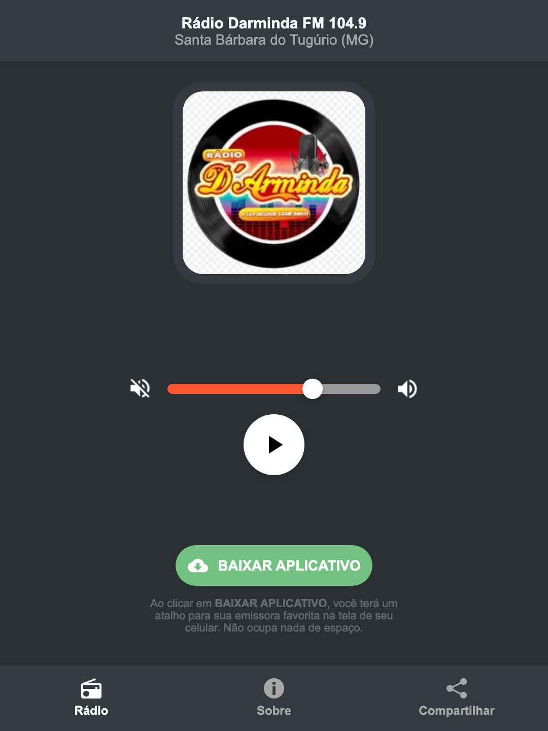 Screenshot do aplicativo da Rádio Darminda FM 104.9
