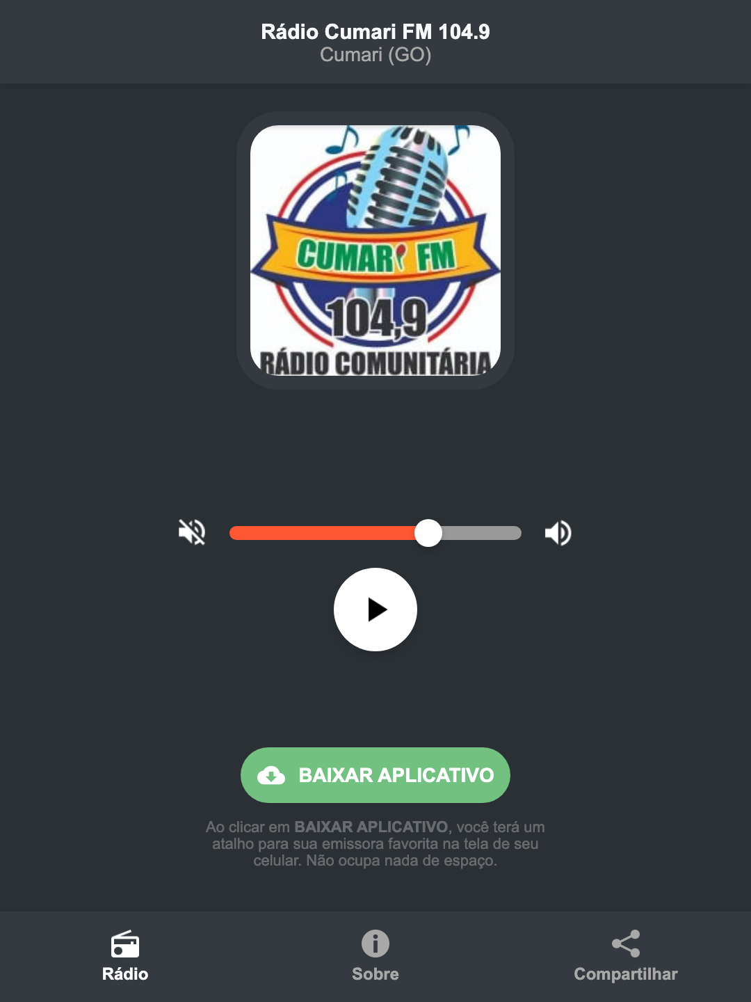 Screenshot do aplicativo da Rádio Cumari FM 104.9