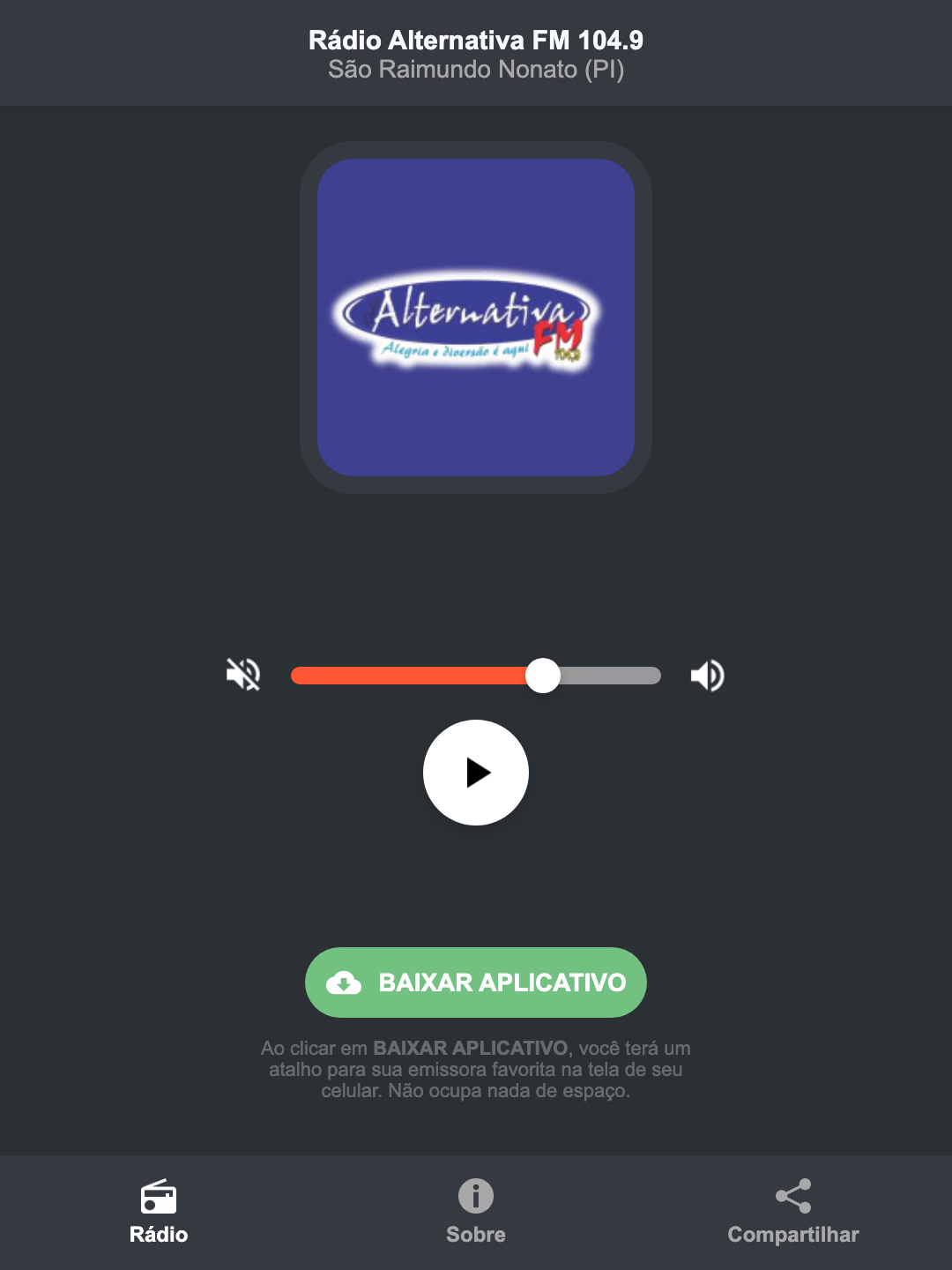 Screenshot do aplicativo da Rádio Alternativa FM 104.9