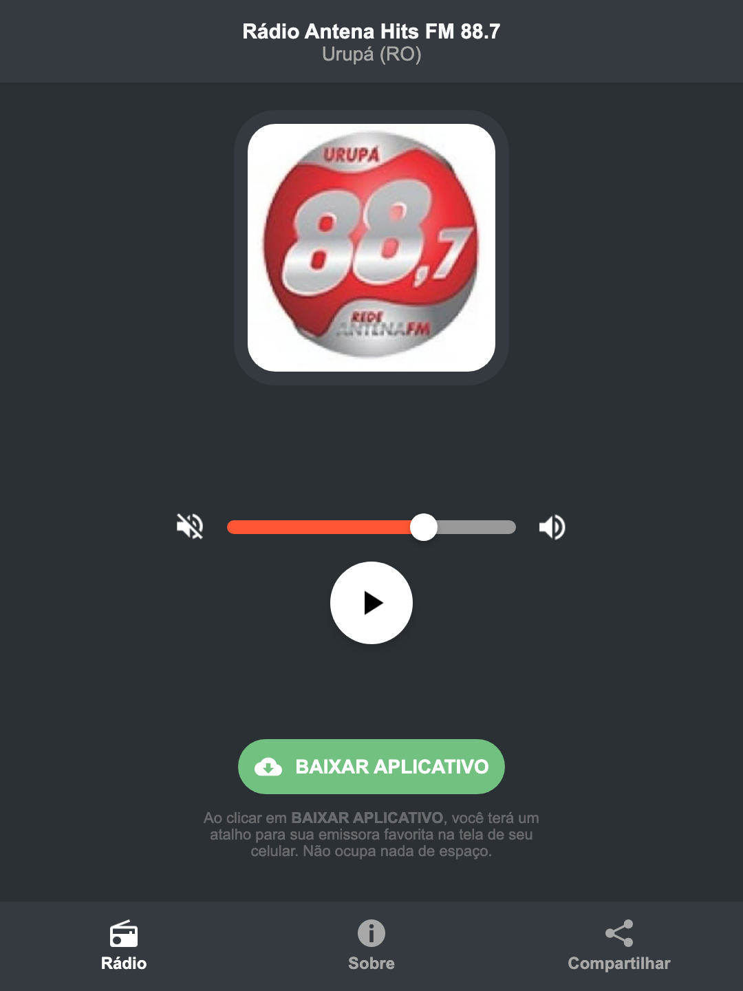Screenshot do aplicativo da Rádio Antena Hits FM 88.7
