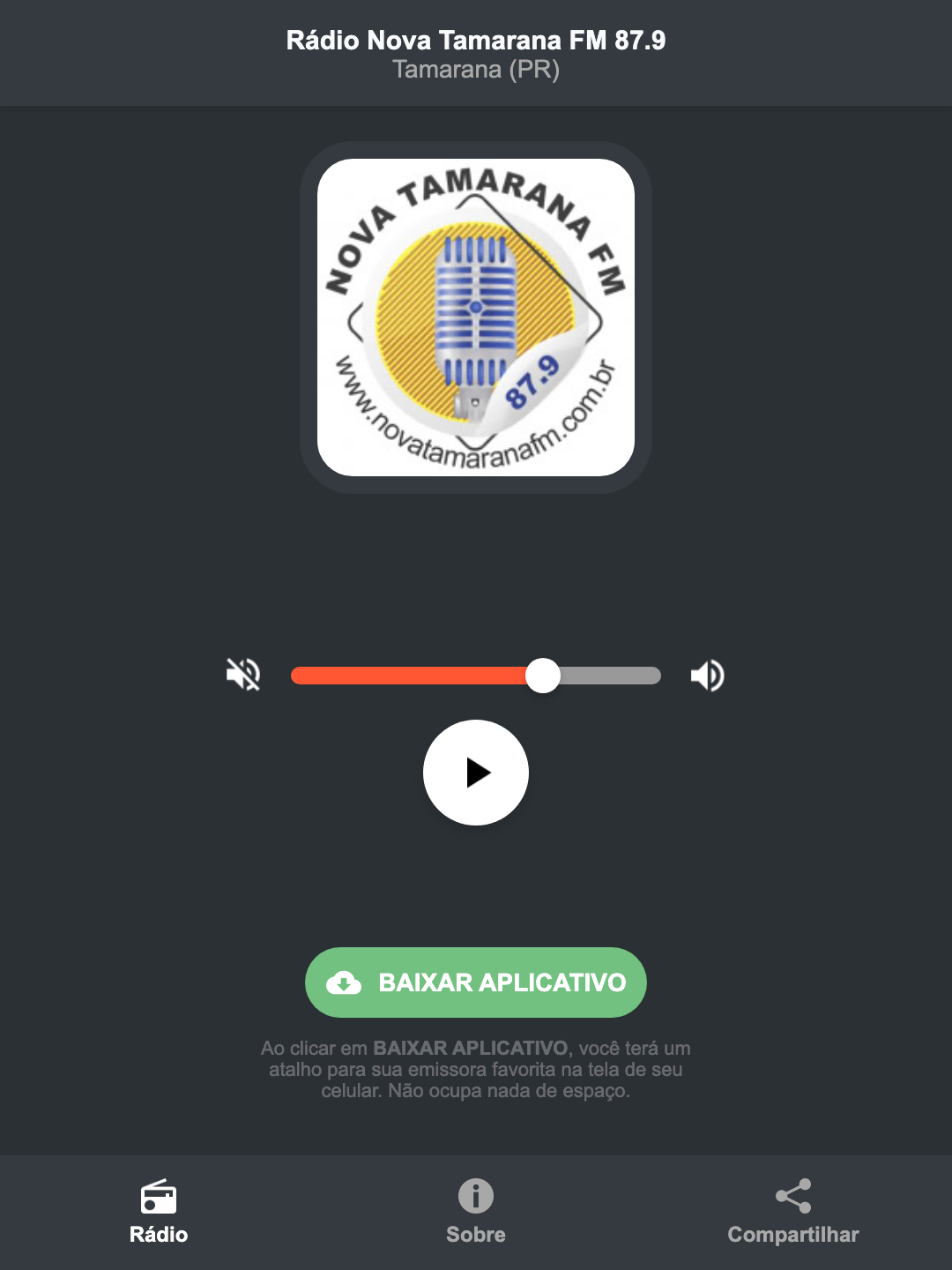 Screenshot do aplicativo da Rádio Nova Tamarana FM 87.9
