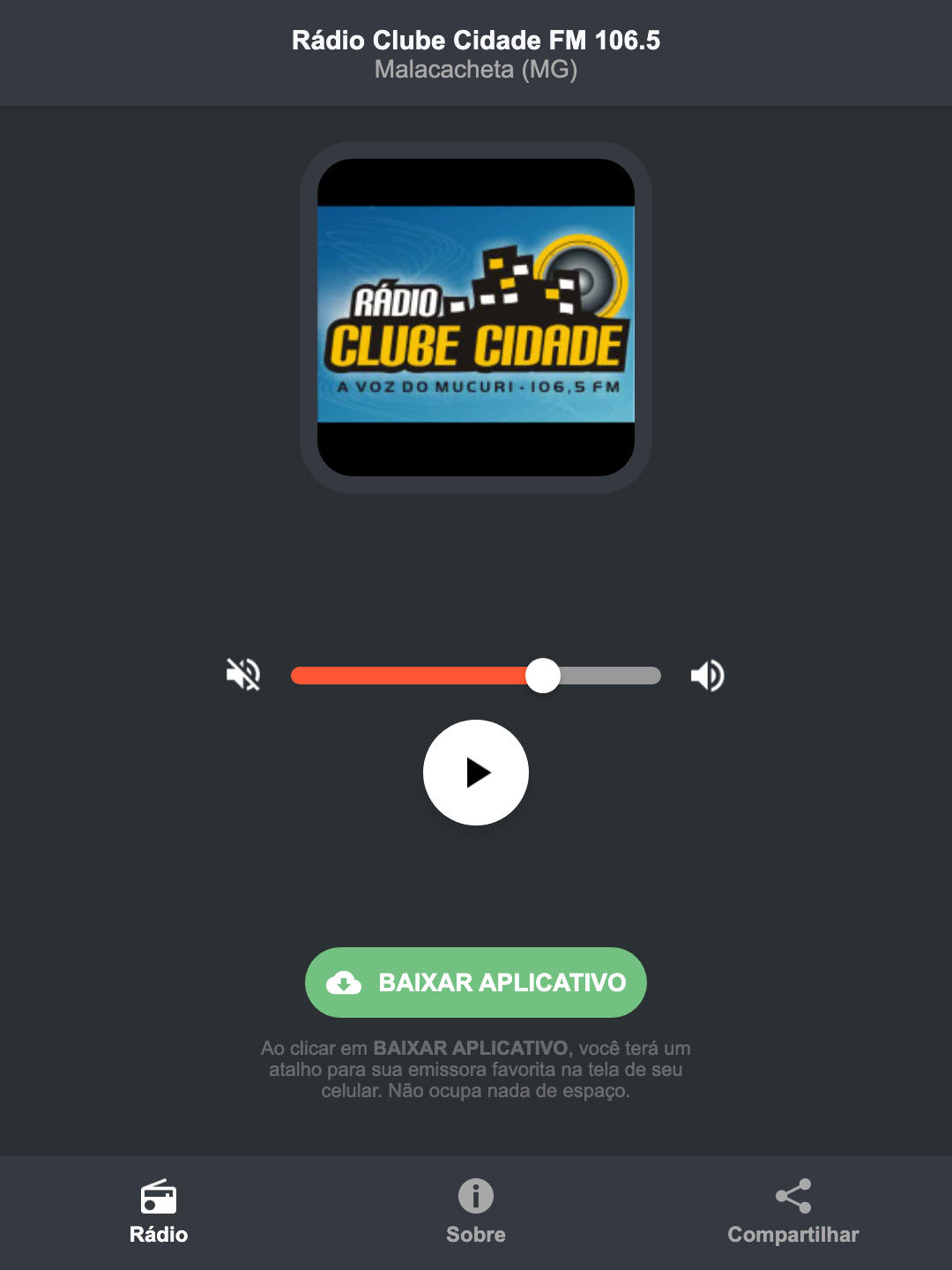 Screenshot do aplicativo da Rádio Clube Cidade FM 106.5