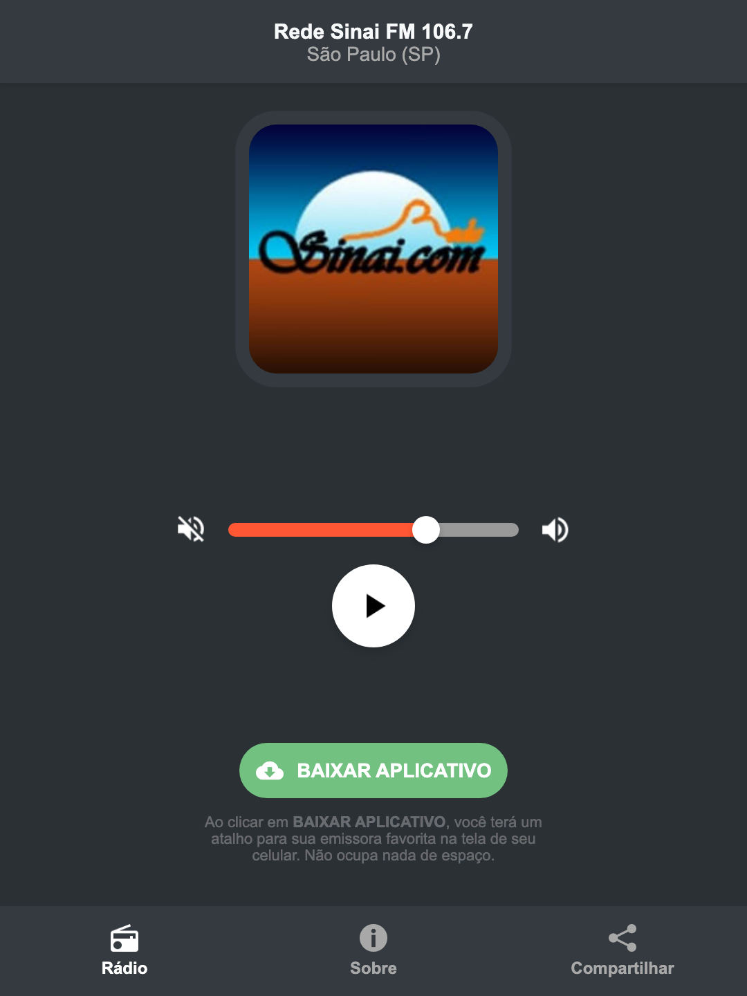 Screenshot do aplicativo da Rede Sinai FM 106.7