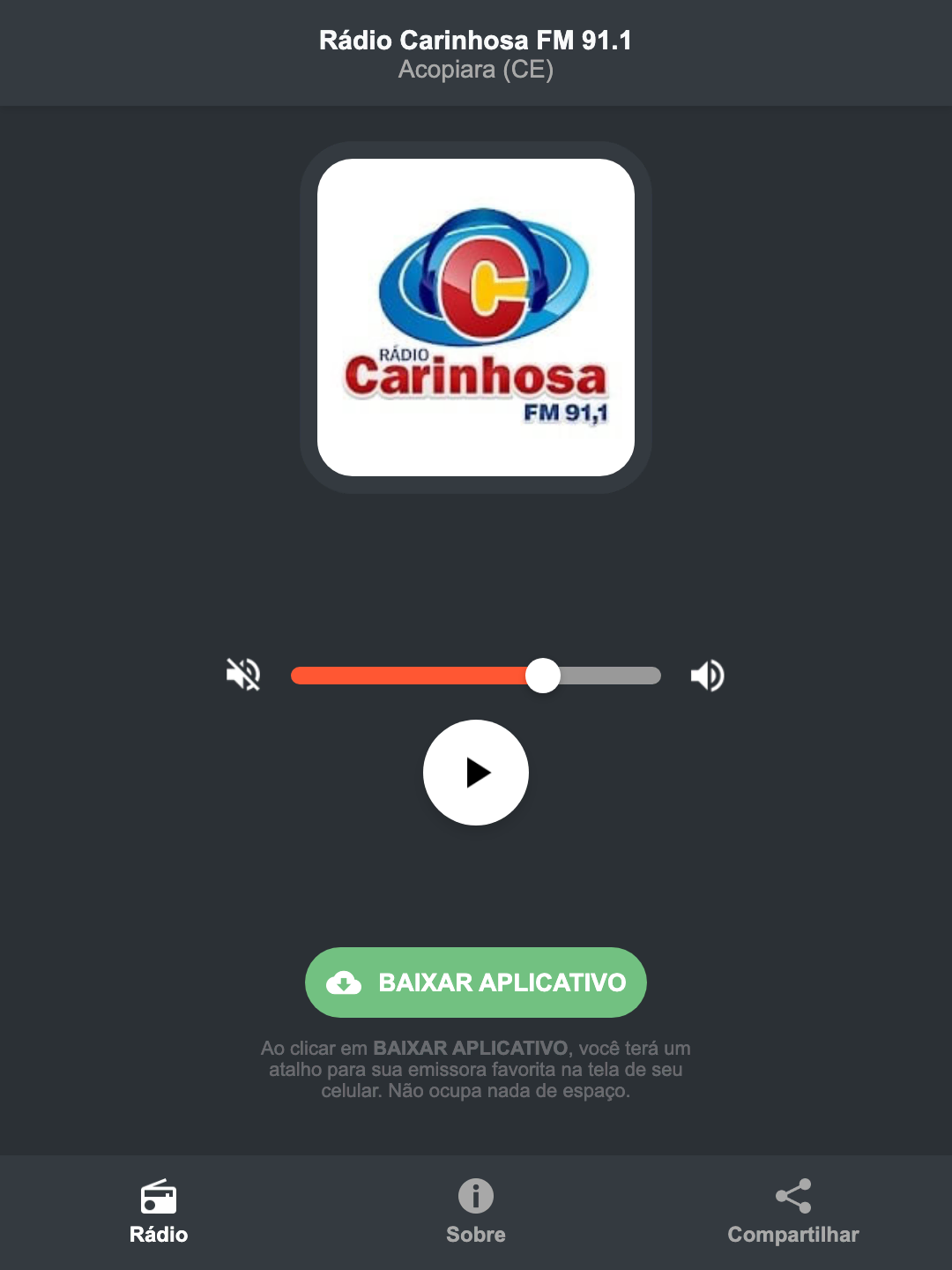 Screenshot do aplicativo da Rádio Carinhosa FM 91.1