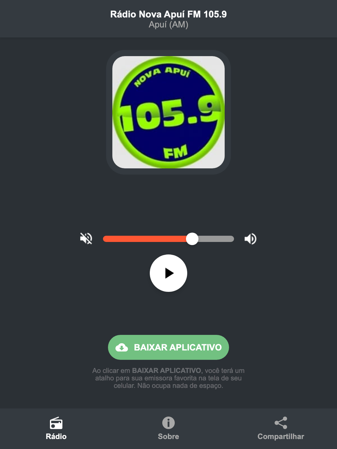 Screenshot do aplicativo da Rádio Nova Apuí FM 105.9