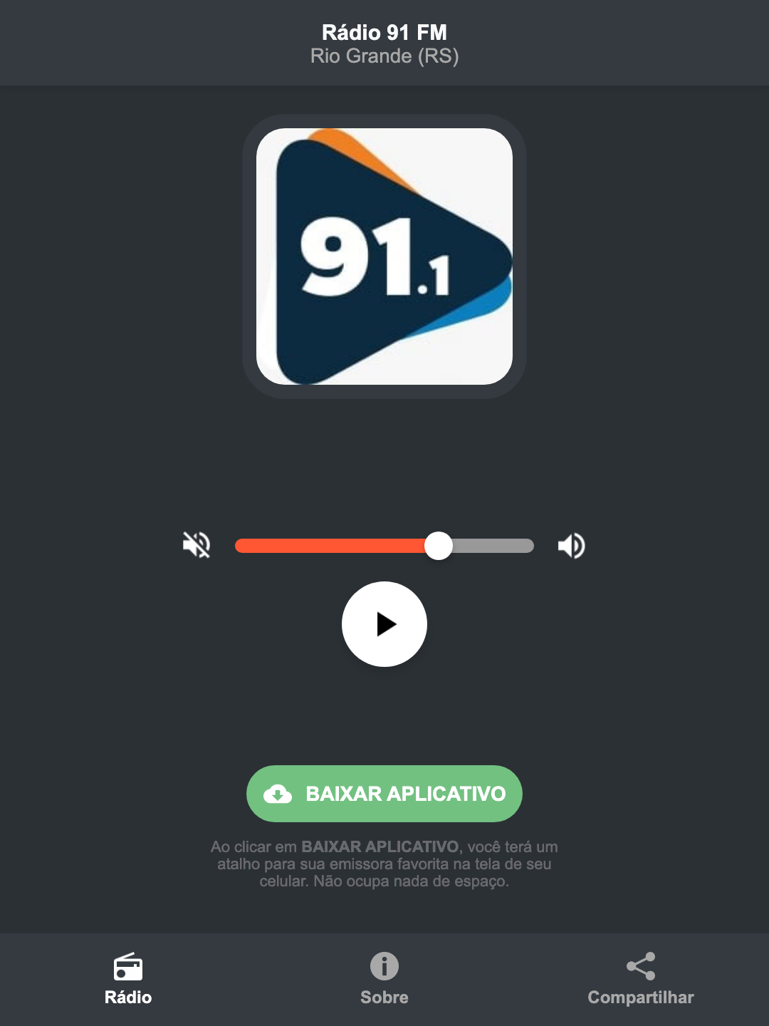 Screenshot do aplicativo da Rádio 91 FM
