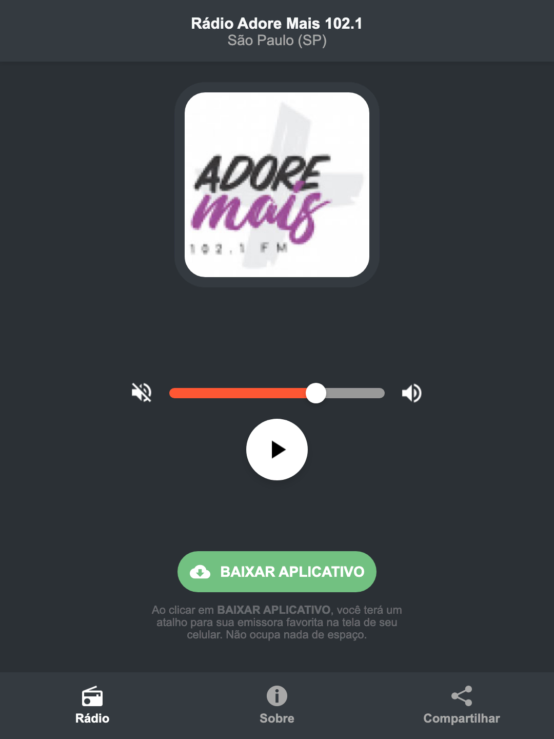 Screenshot do aplicativo da Rádio Adore Mais 102.1
