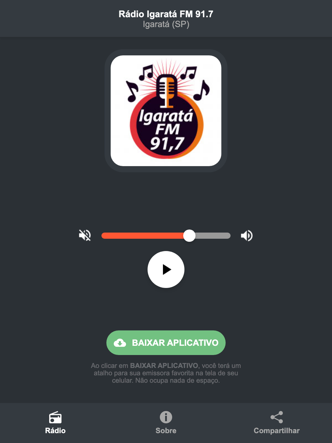 Screenshot do aplicativo da Rádio Igaratá FM 91.7